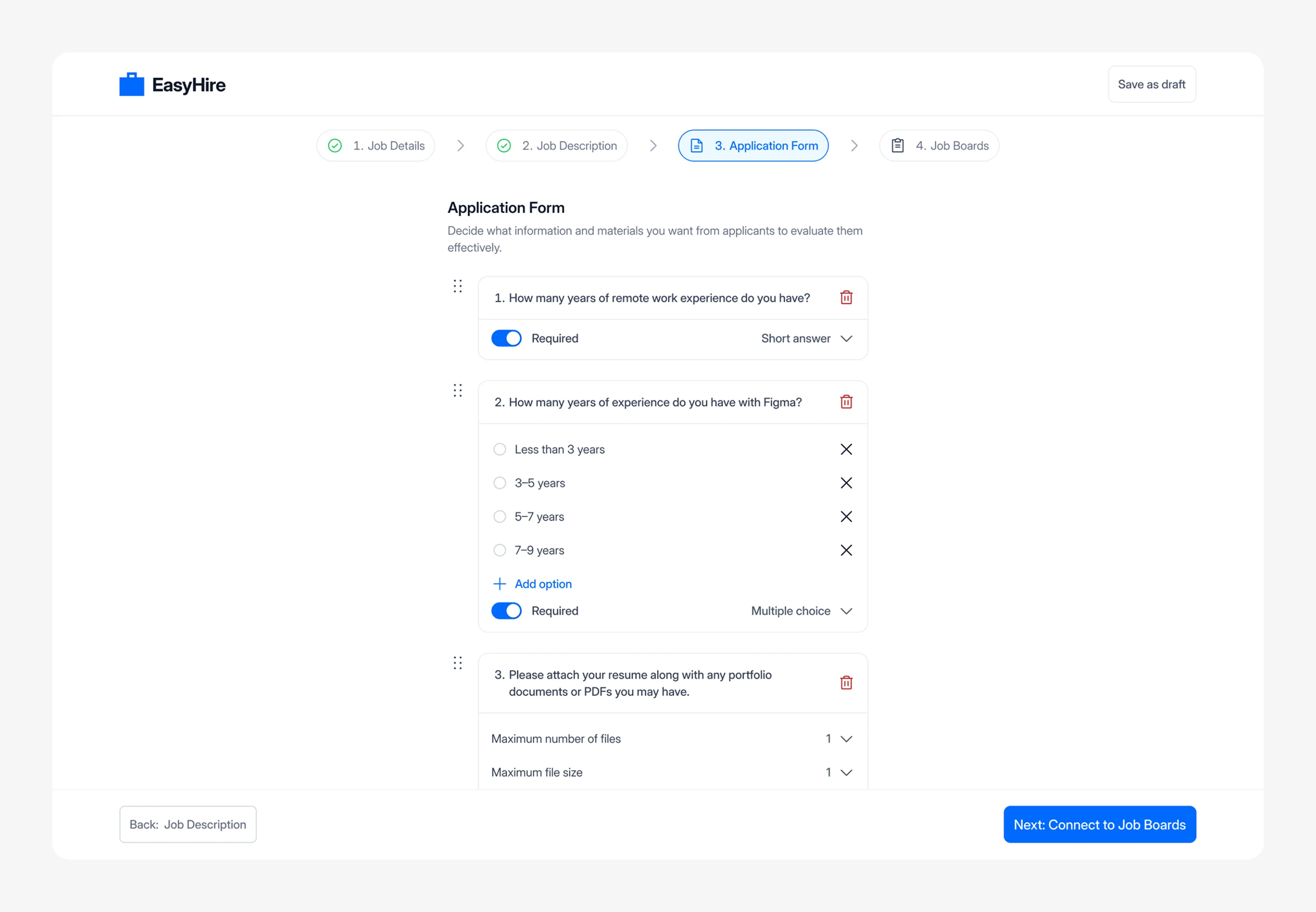 Application form step with configurable screening questions