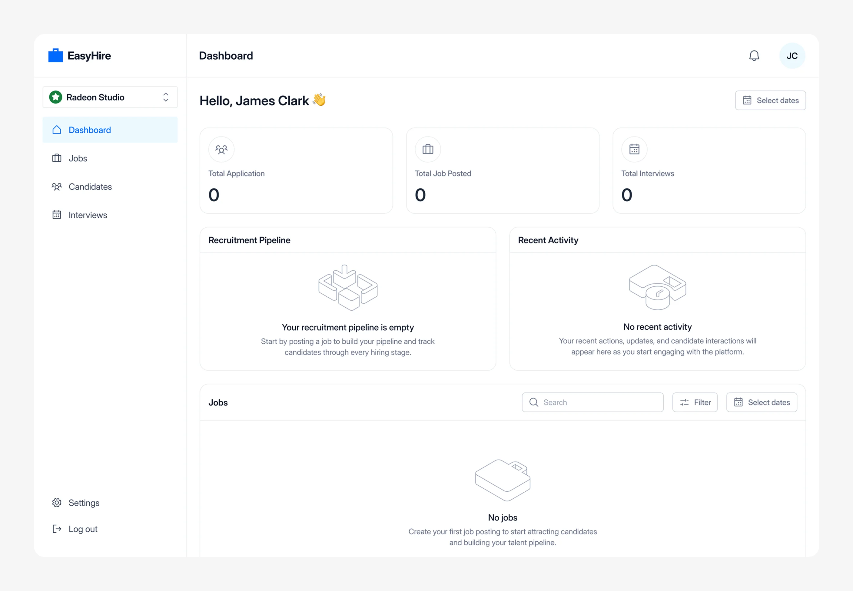 Dashboard before any jobs, applications, or interviews exist