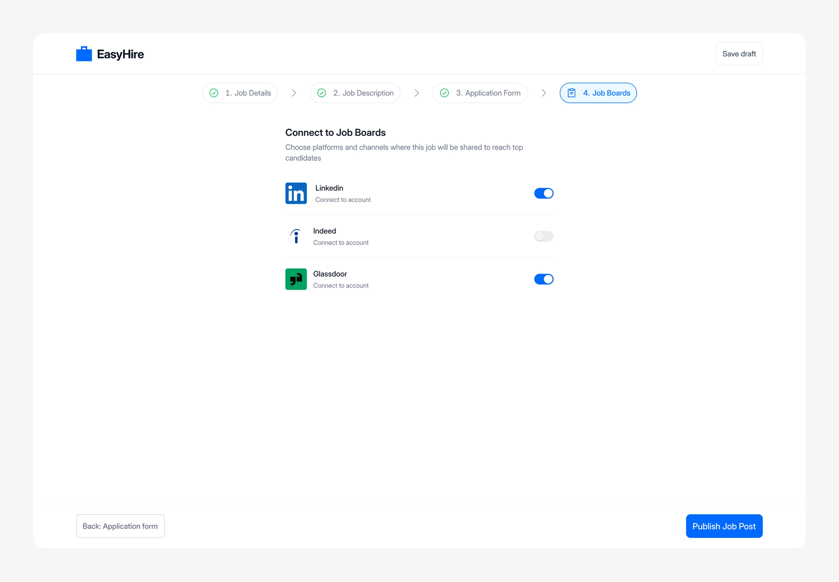 Job boards step connecting the post to LinkedIn, Indeed, and Glassdoor