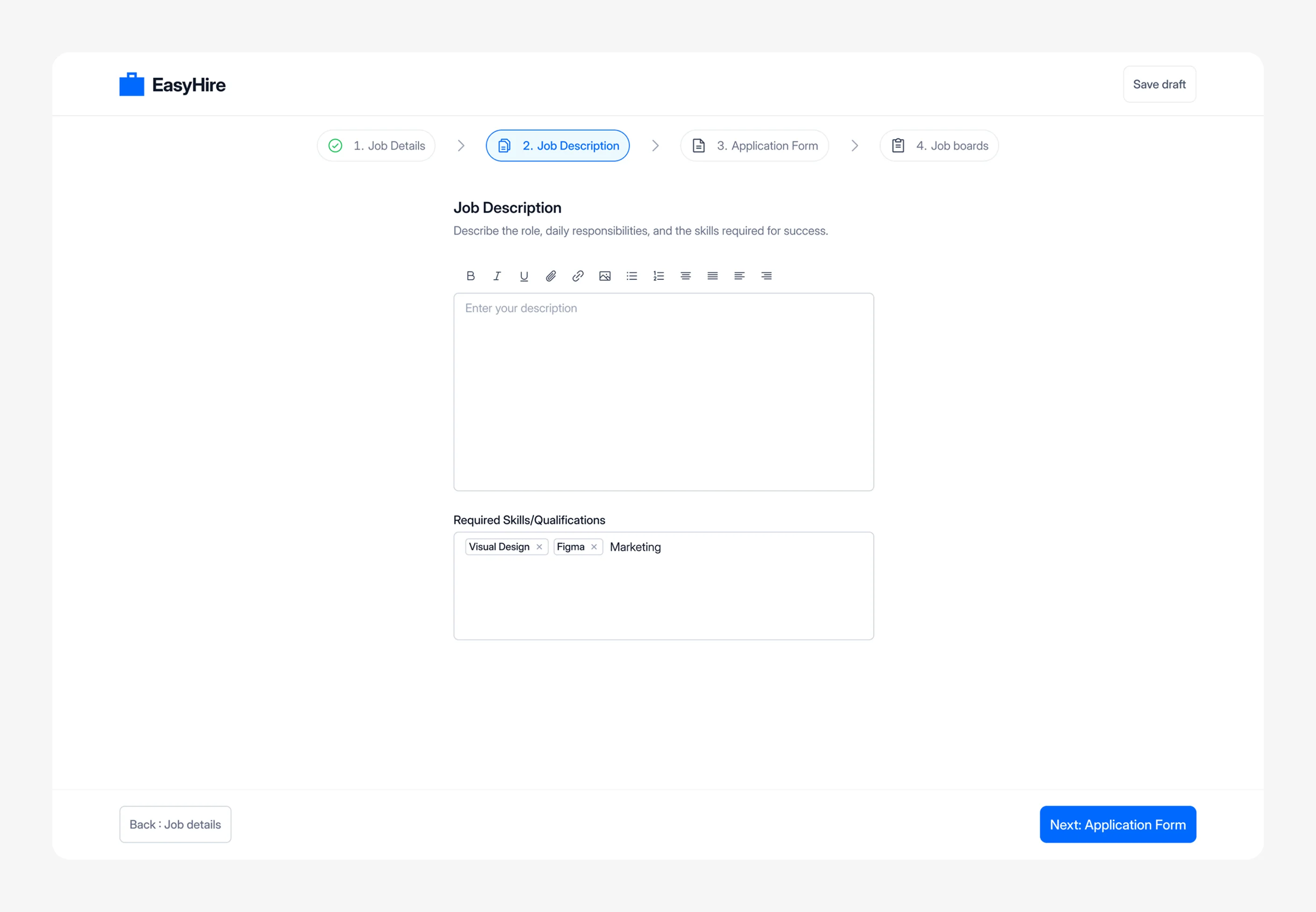 Job description step with a rich text editor and required skills