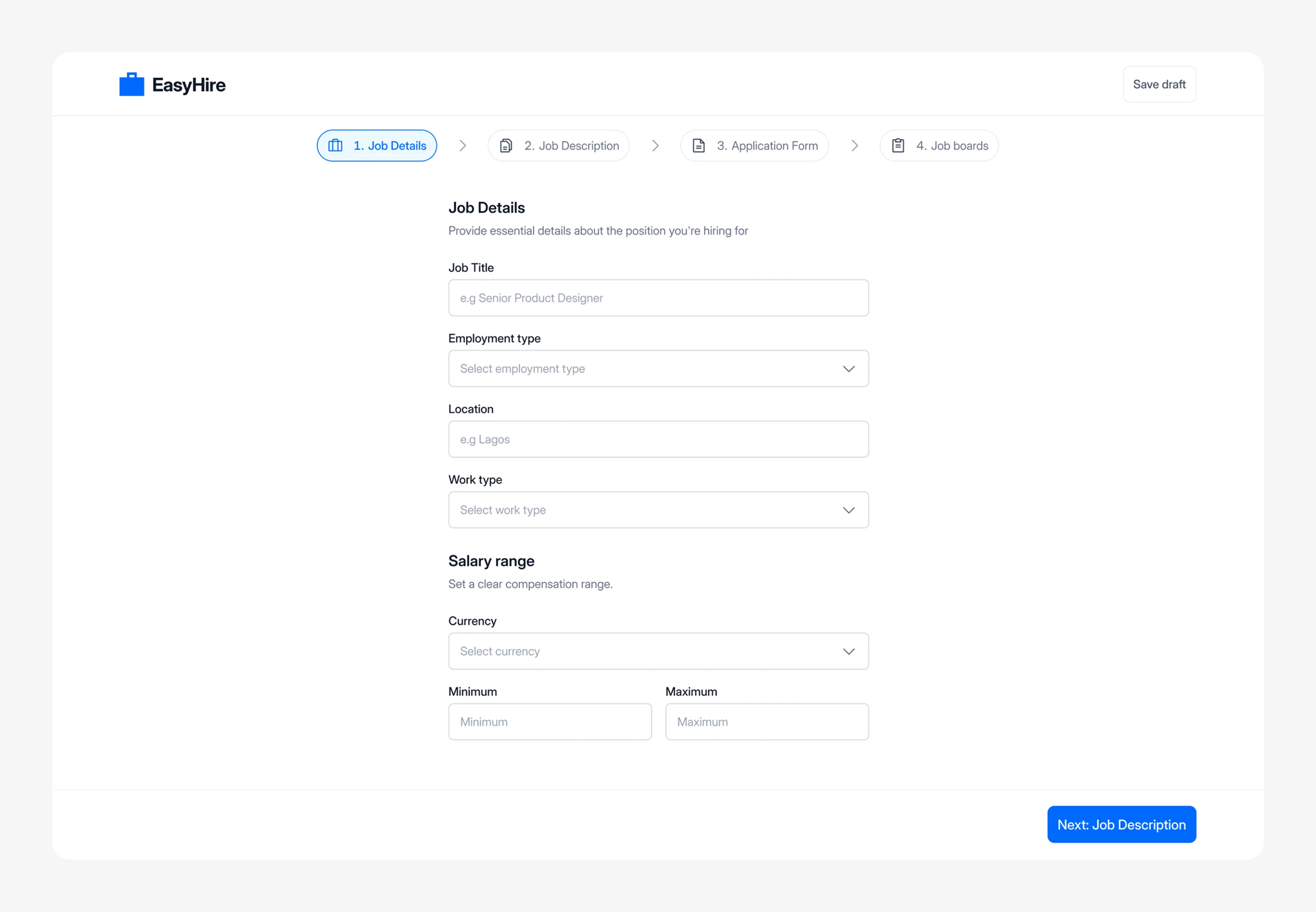 Job details step with title, employment type, location, and salary range