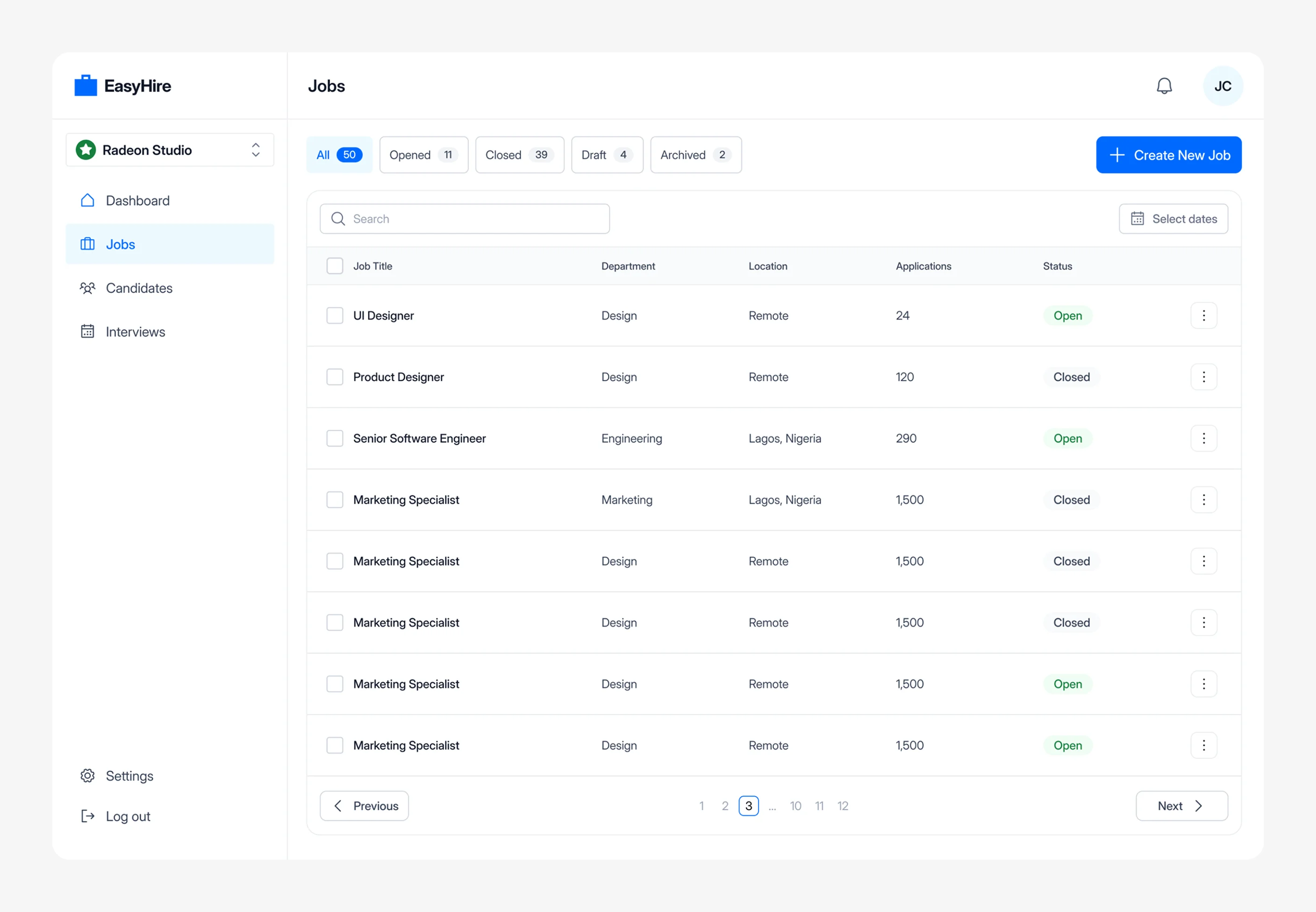 Jobs listing with tabs for Open, Closed, Draft, Archived