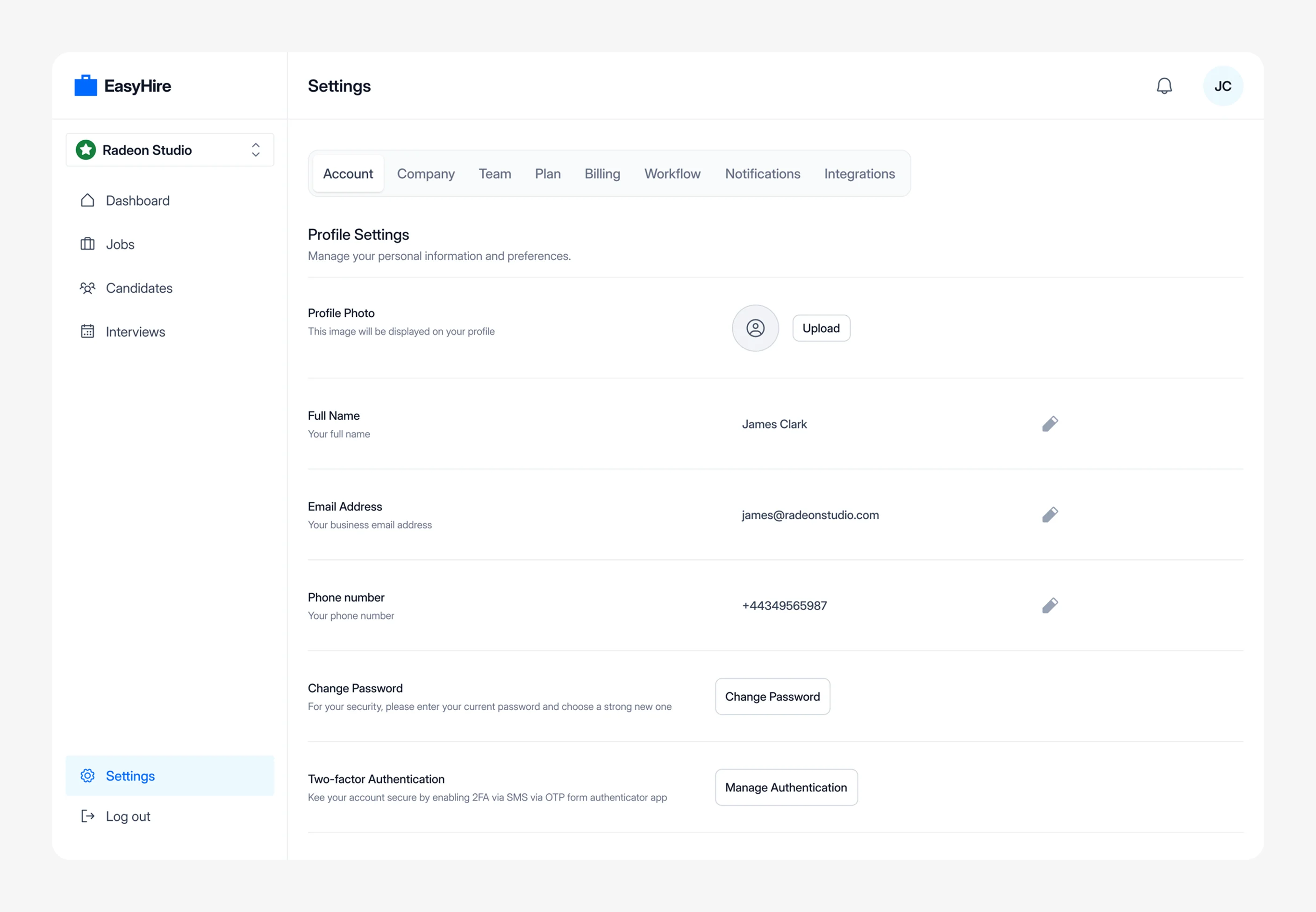 Settings panel with tabs for account, team, billing, integrations