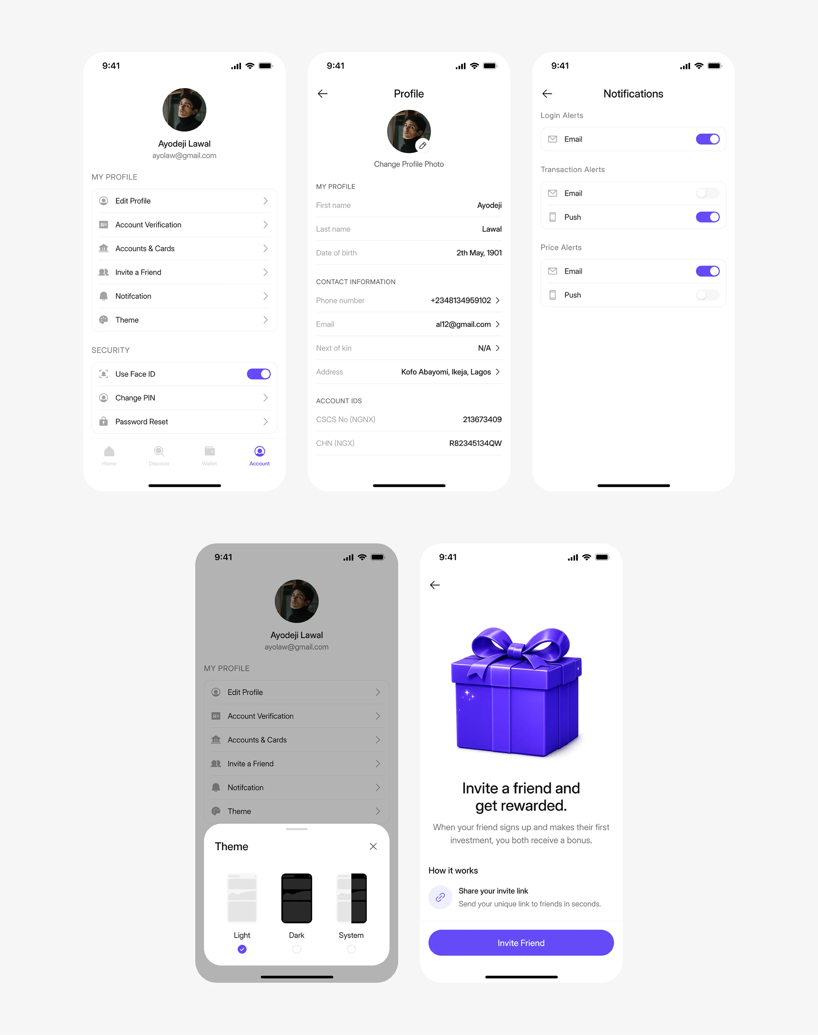 Account screens: overview, profile details, notification preferences, theme options, and referral invite