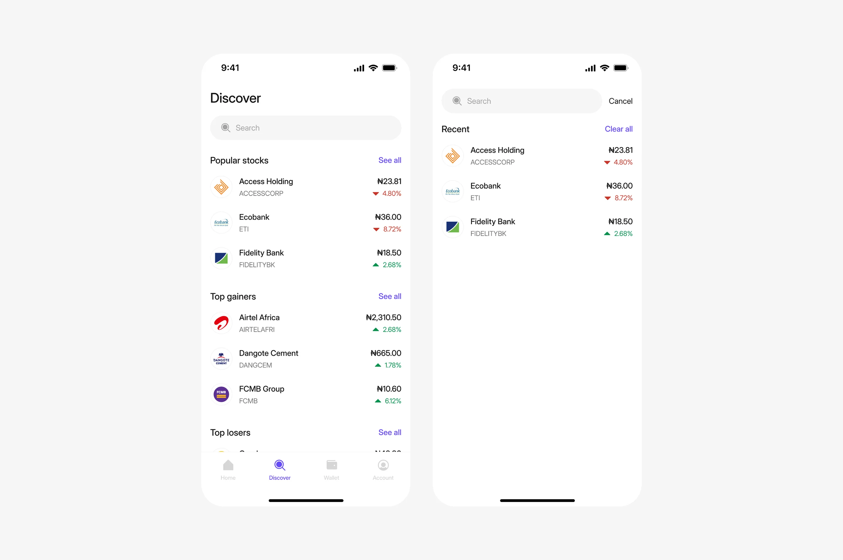 Discover screen with stock categories and the search screen