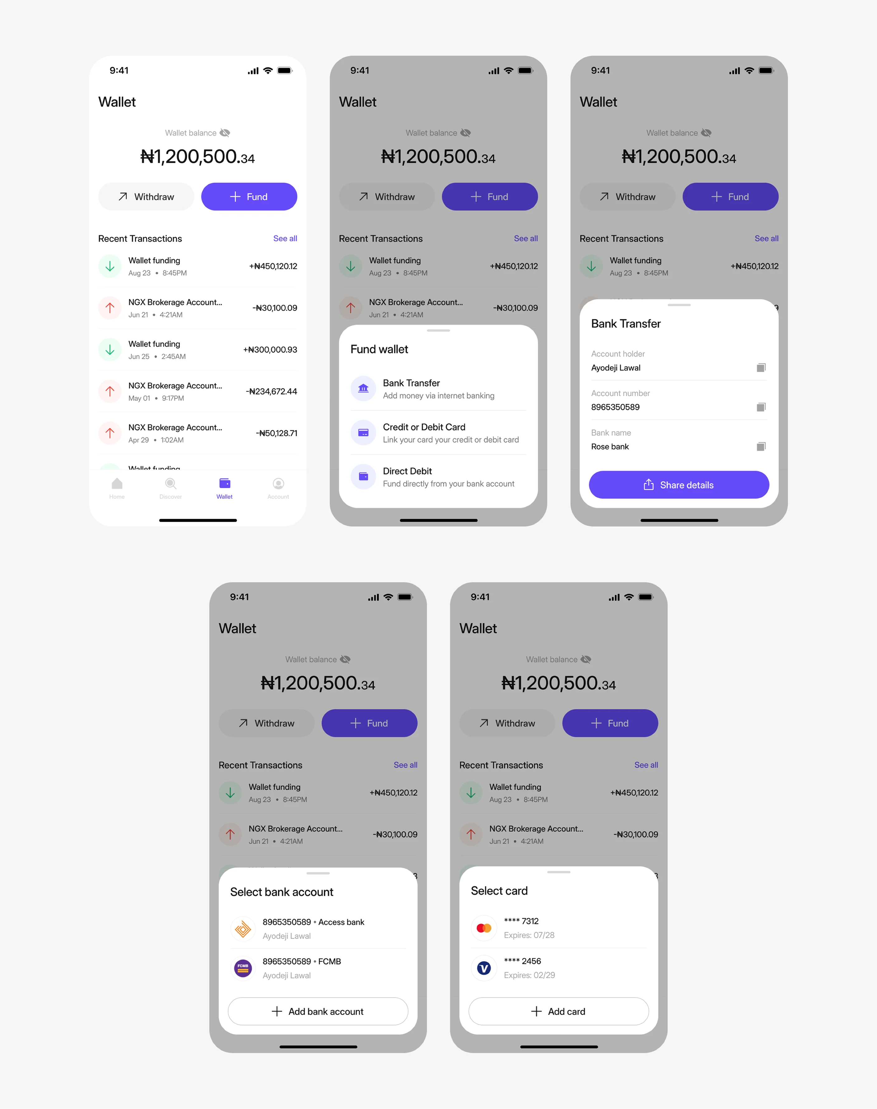 Fund wallet flow: wallet overview, fund options, and select bank account