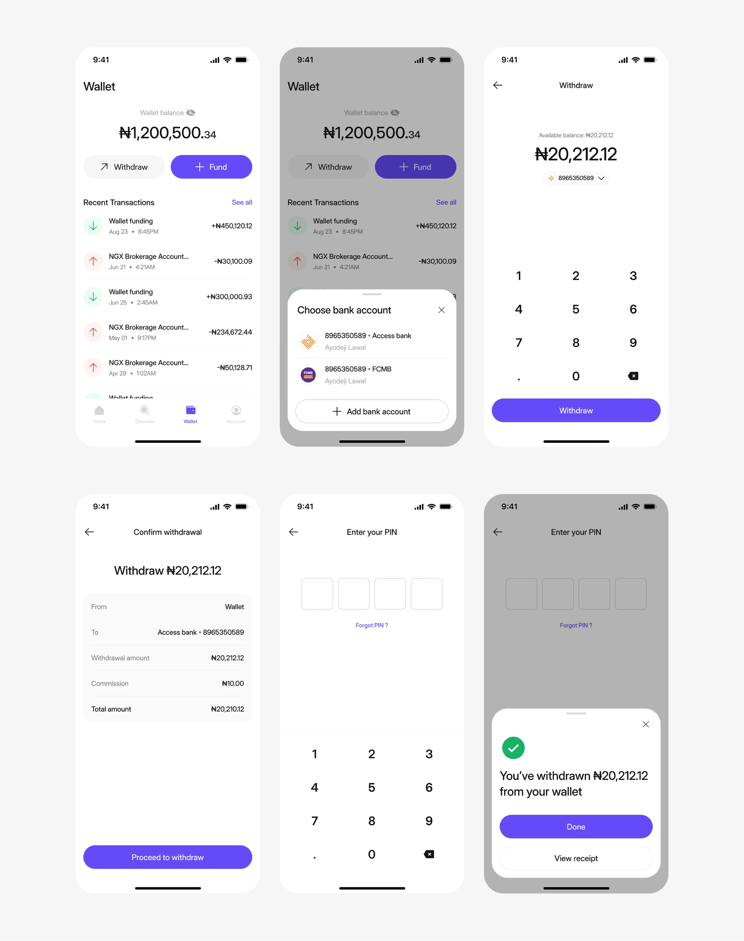 Withdrawal flow: overview, enter amount, confirm with PIN, and success
