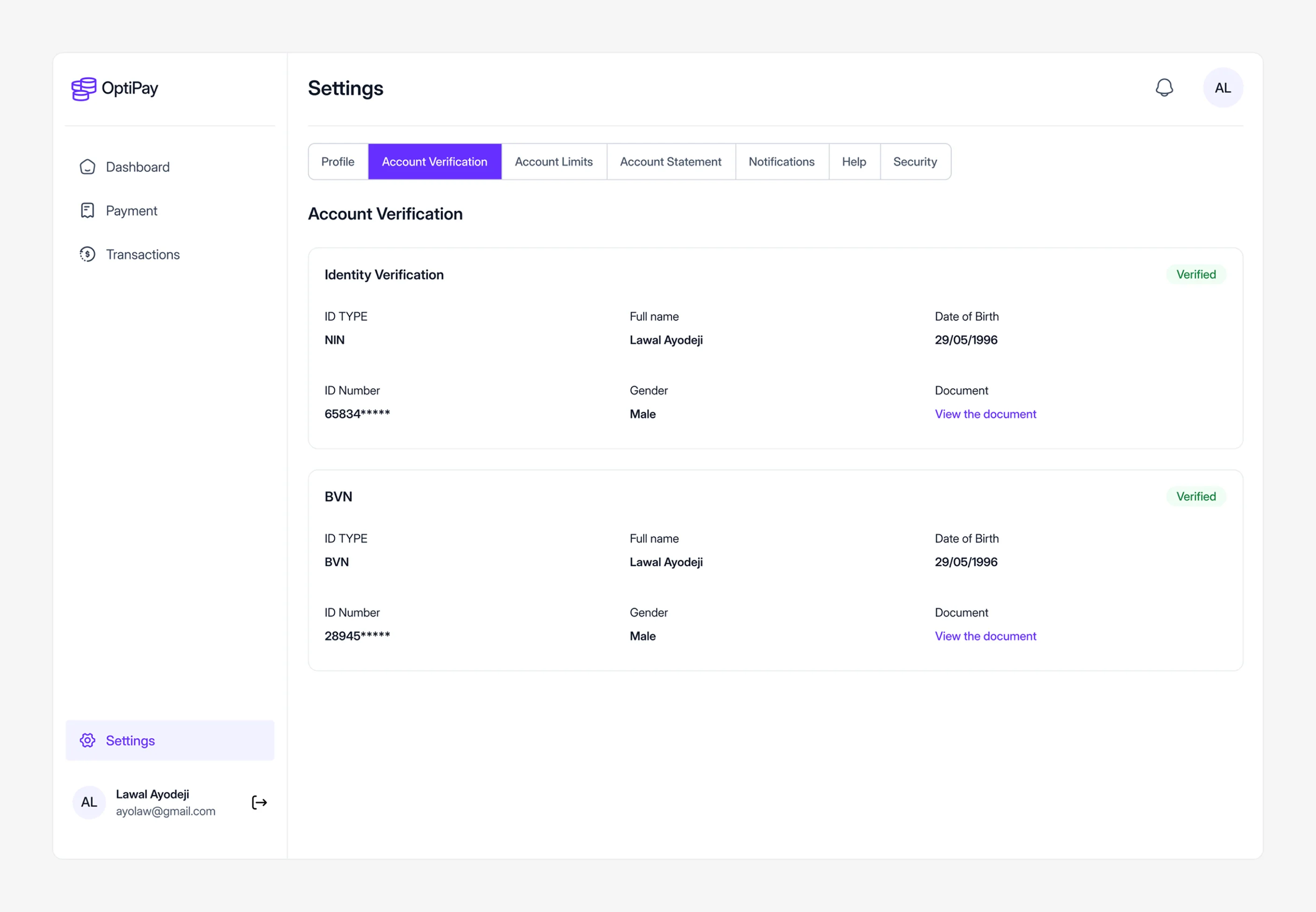 Account verification showing verified NIN and BVN records