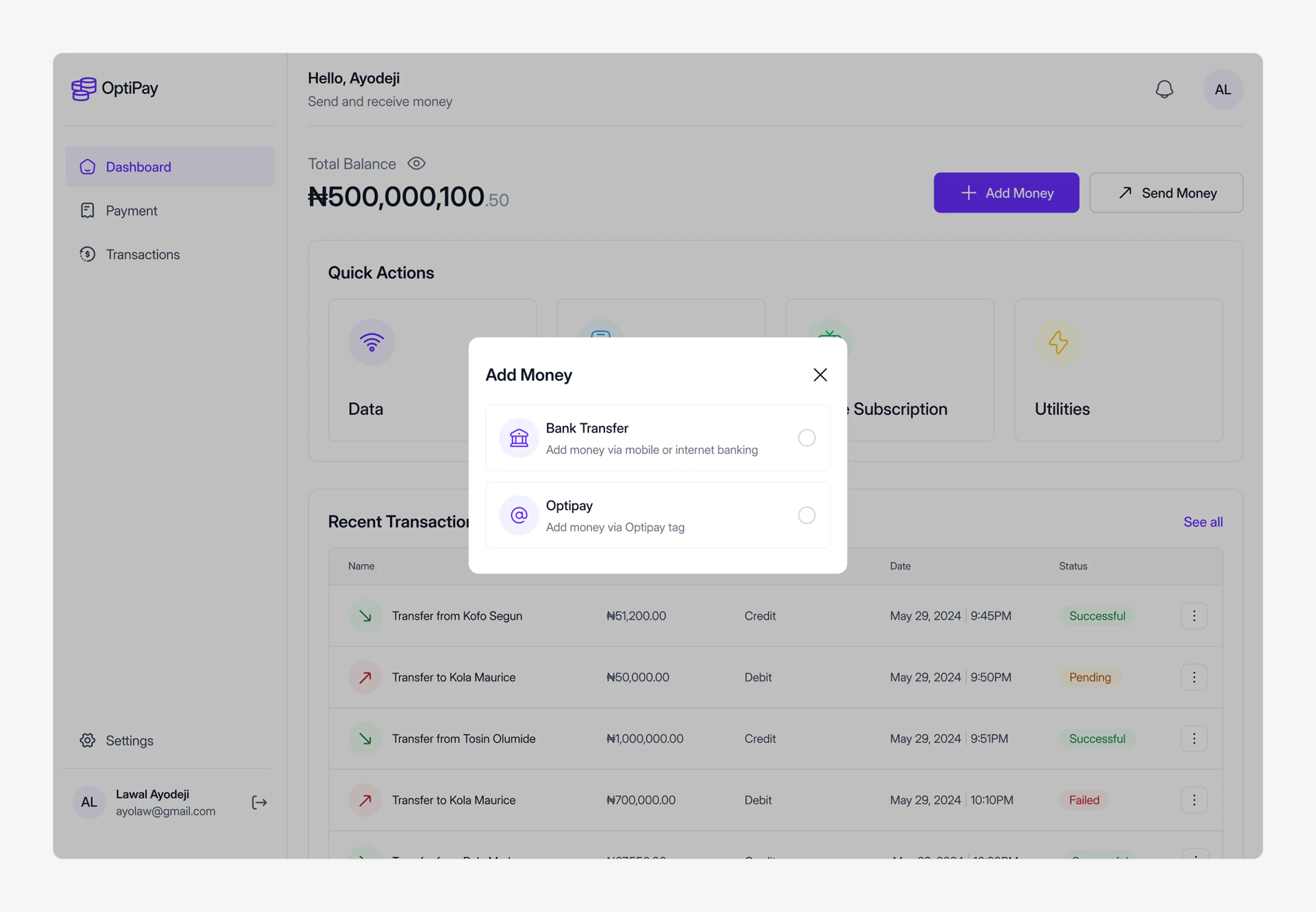 Add Money dialog offering bank transfer or Optipay tag