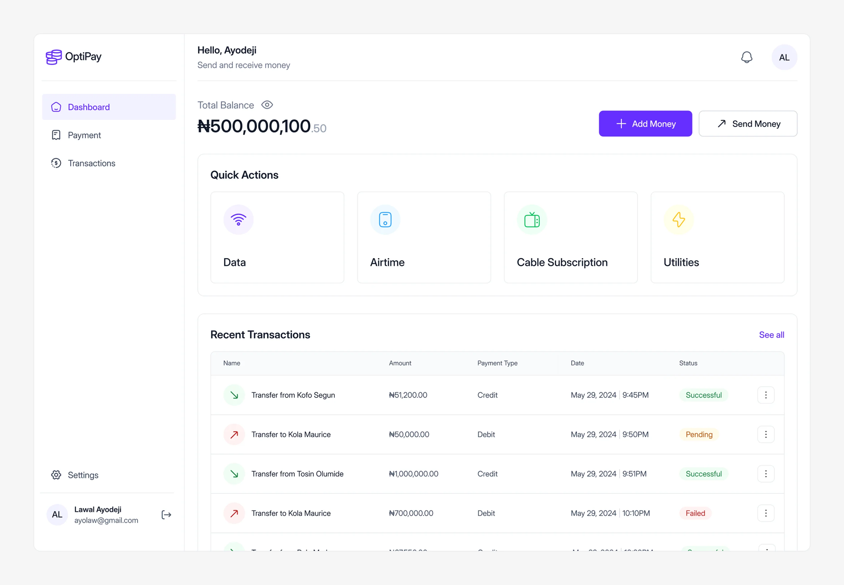 Optipay dashboard