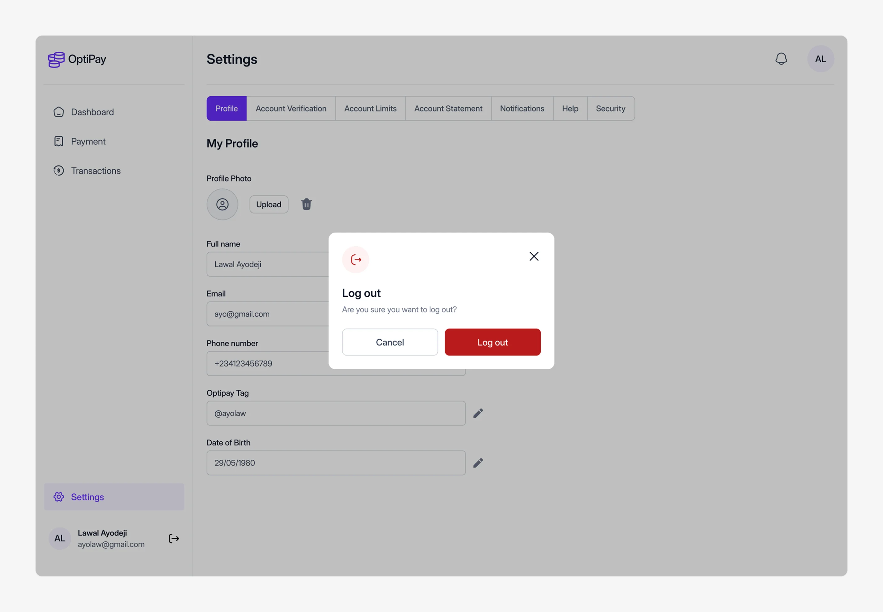 Log out confirmation dialog over the profile settings