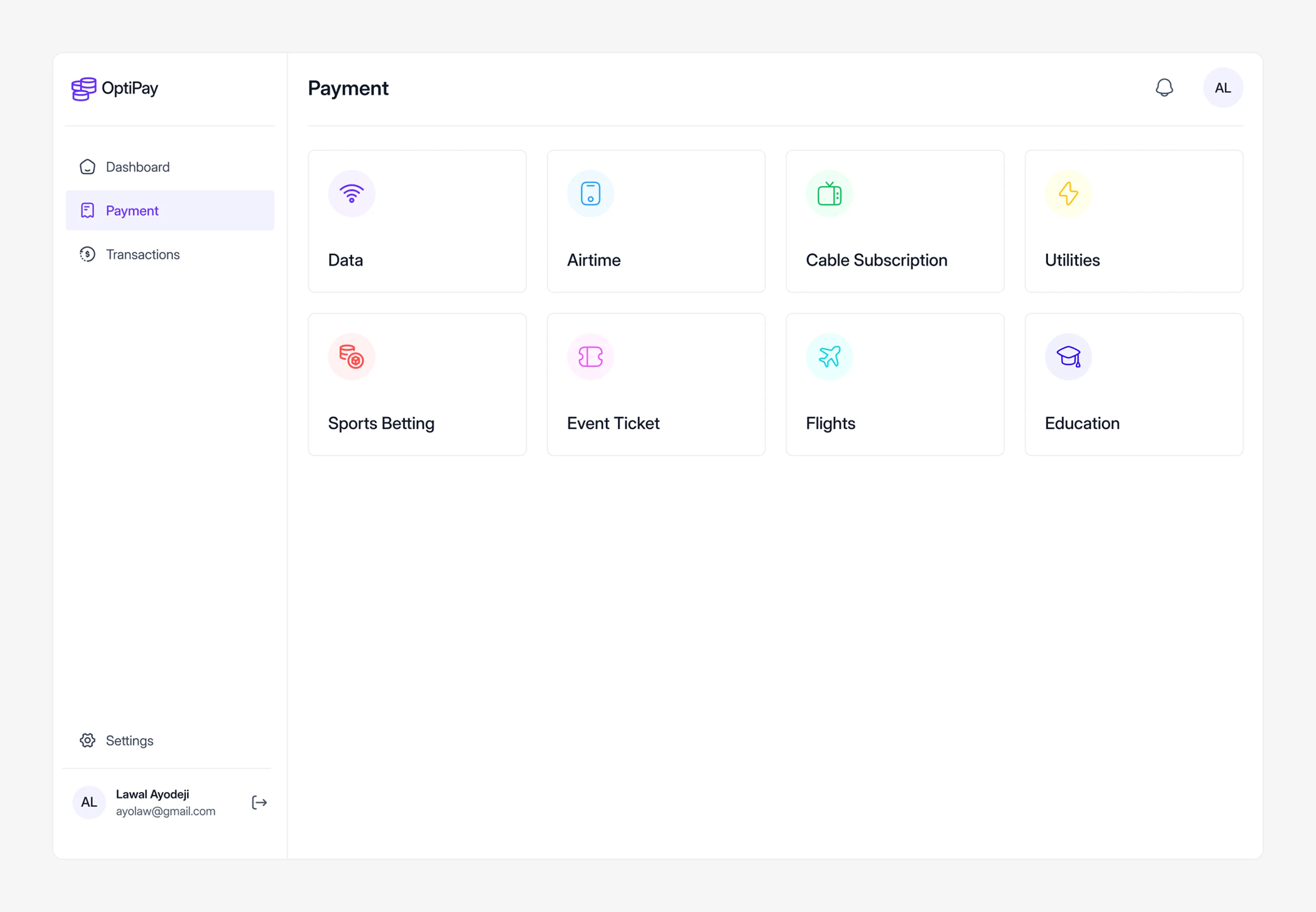Payment screen with categorized service icons