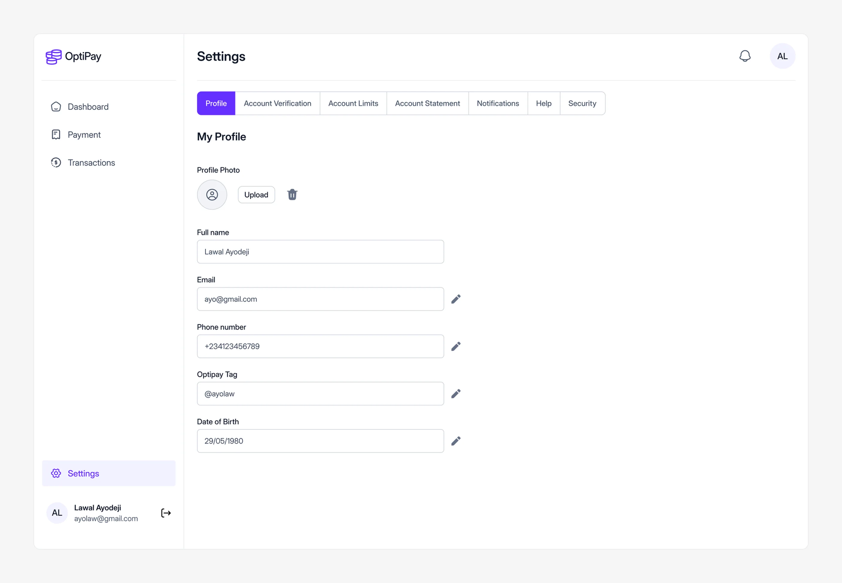 Profile settings with editable name, email, phone, and Optipay tag