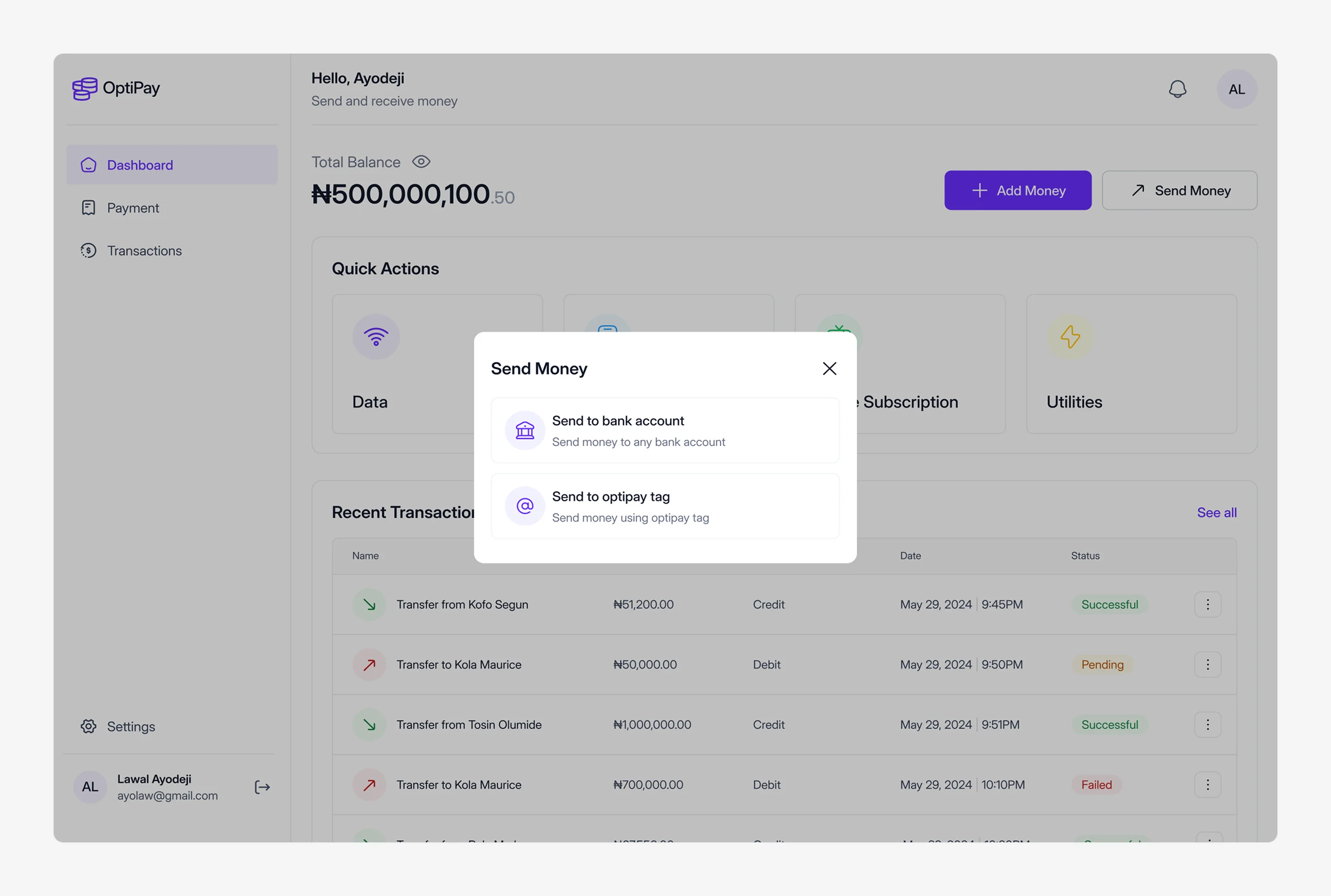 Send Money dialog offering a bank account or an Optipay tag