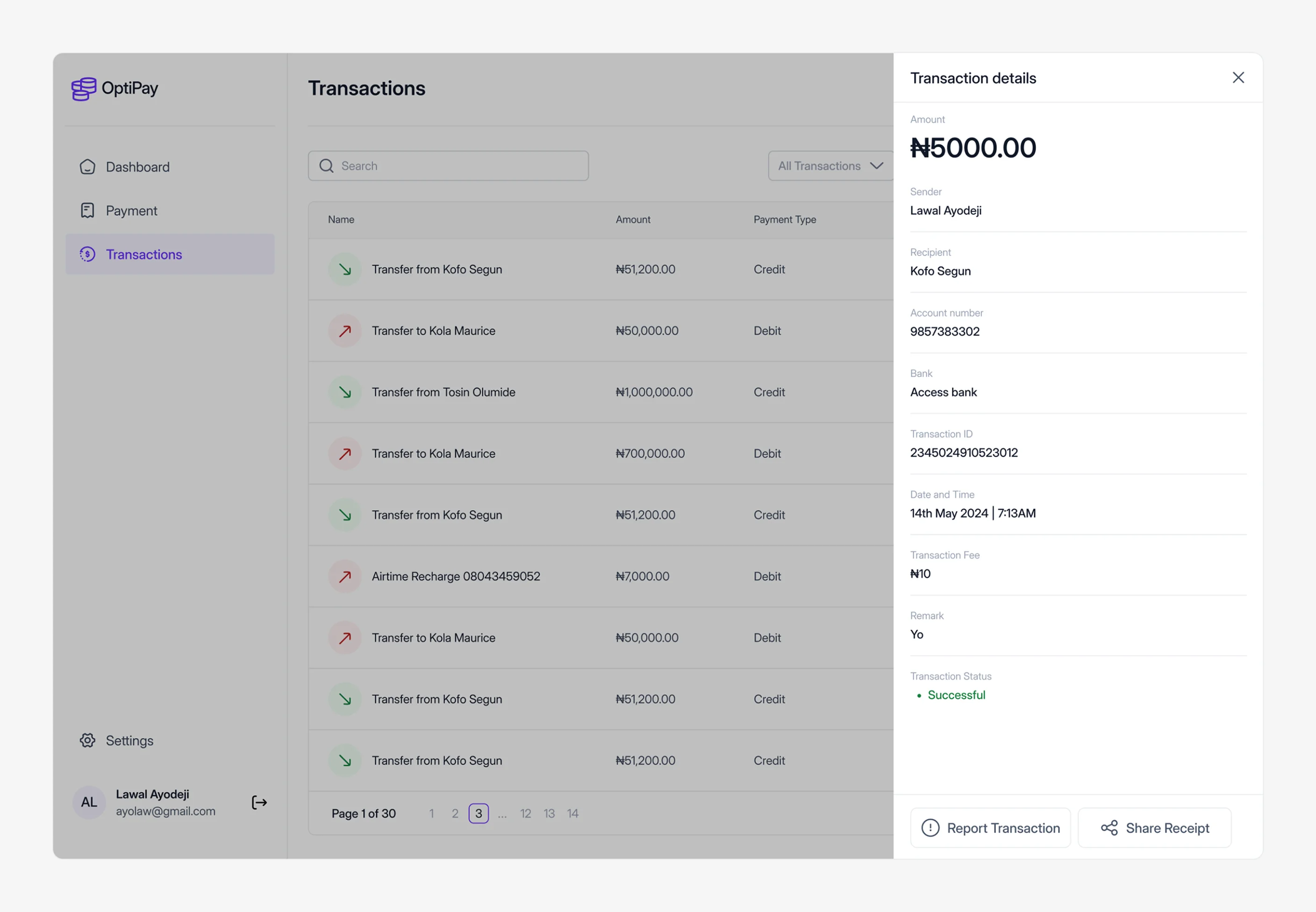Transaction details panel with amount, recipient, and receipt actions