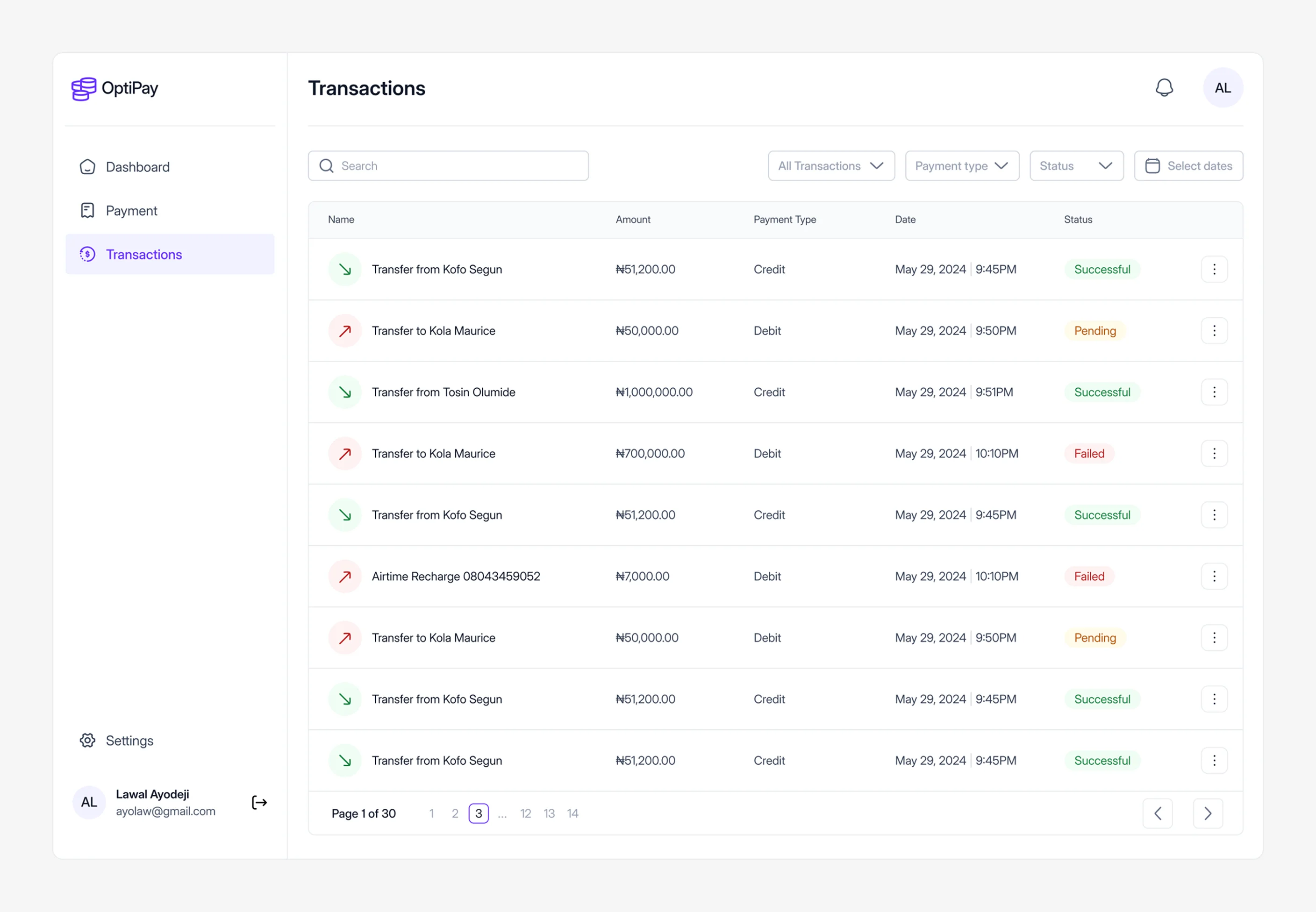 Transactions list with filters and color-coded statuses