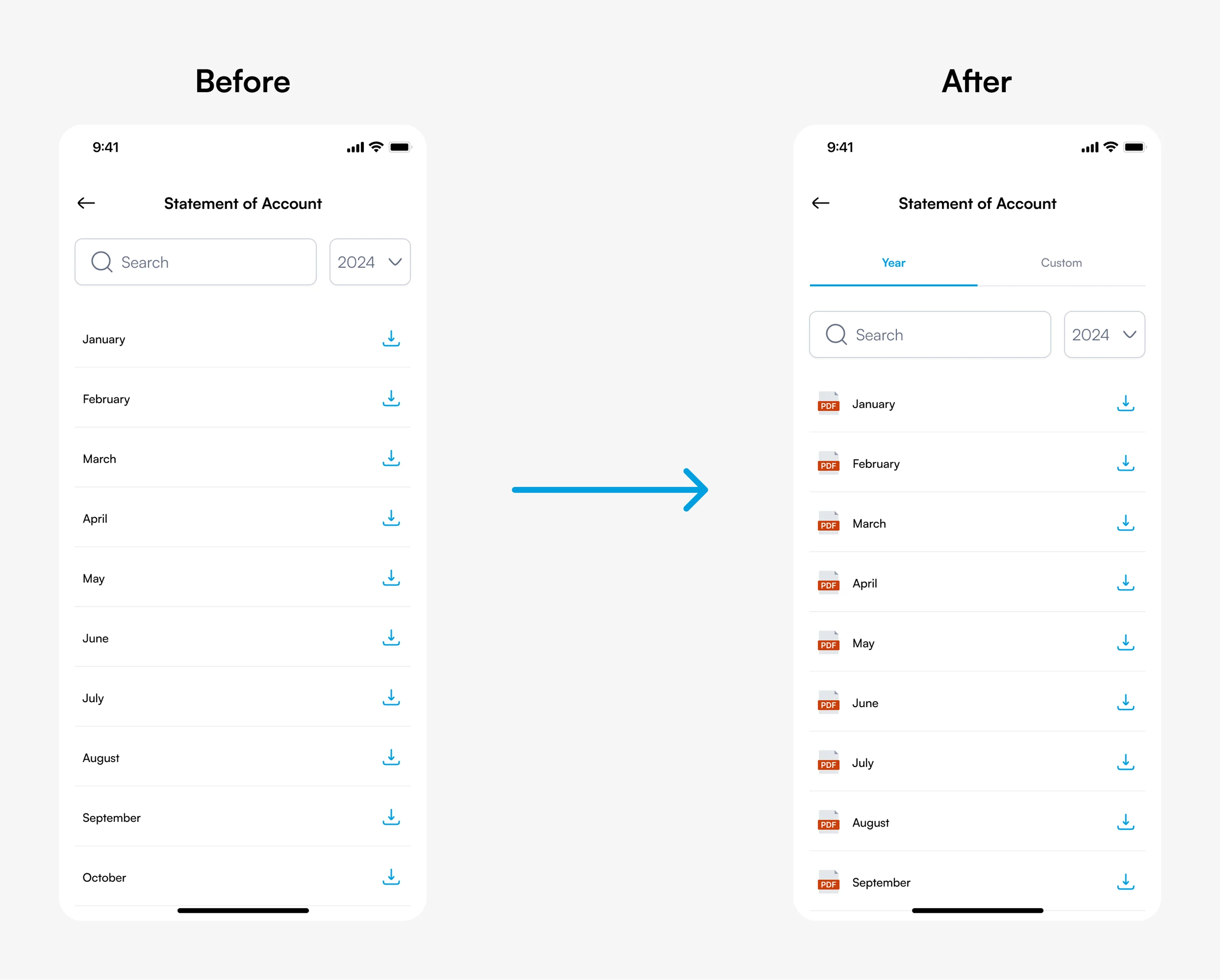 Before and after: statement of account with year and custom periods