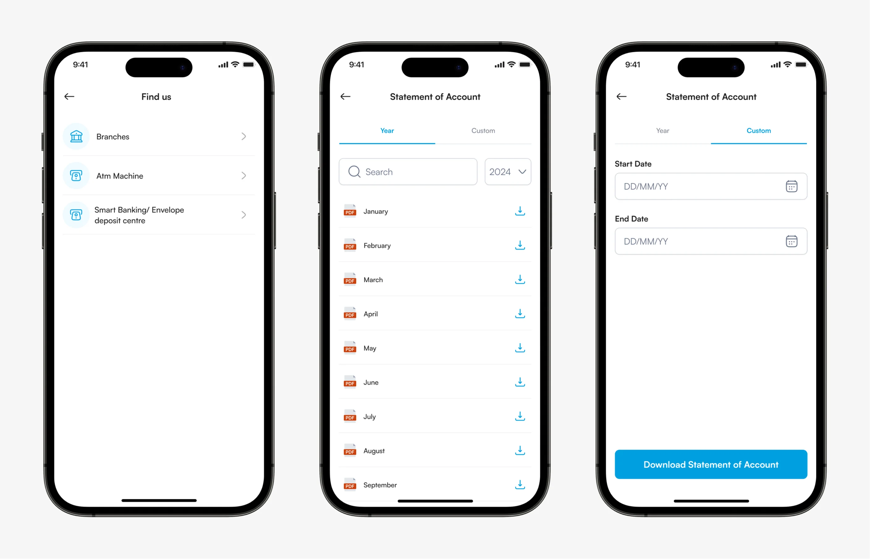 Find us and Statement of Account screens