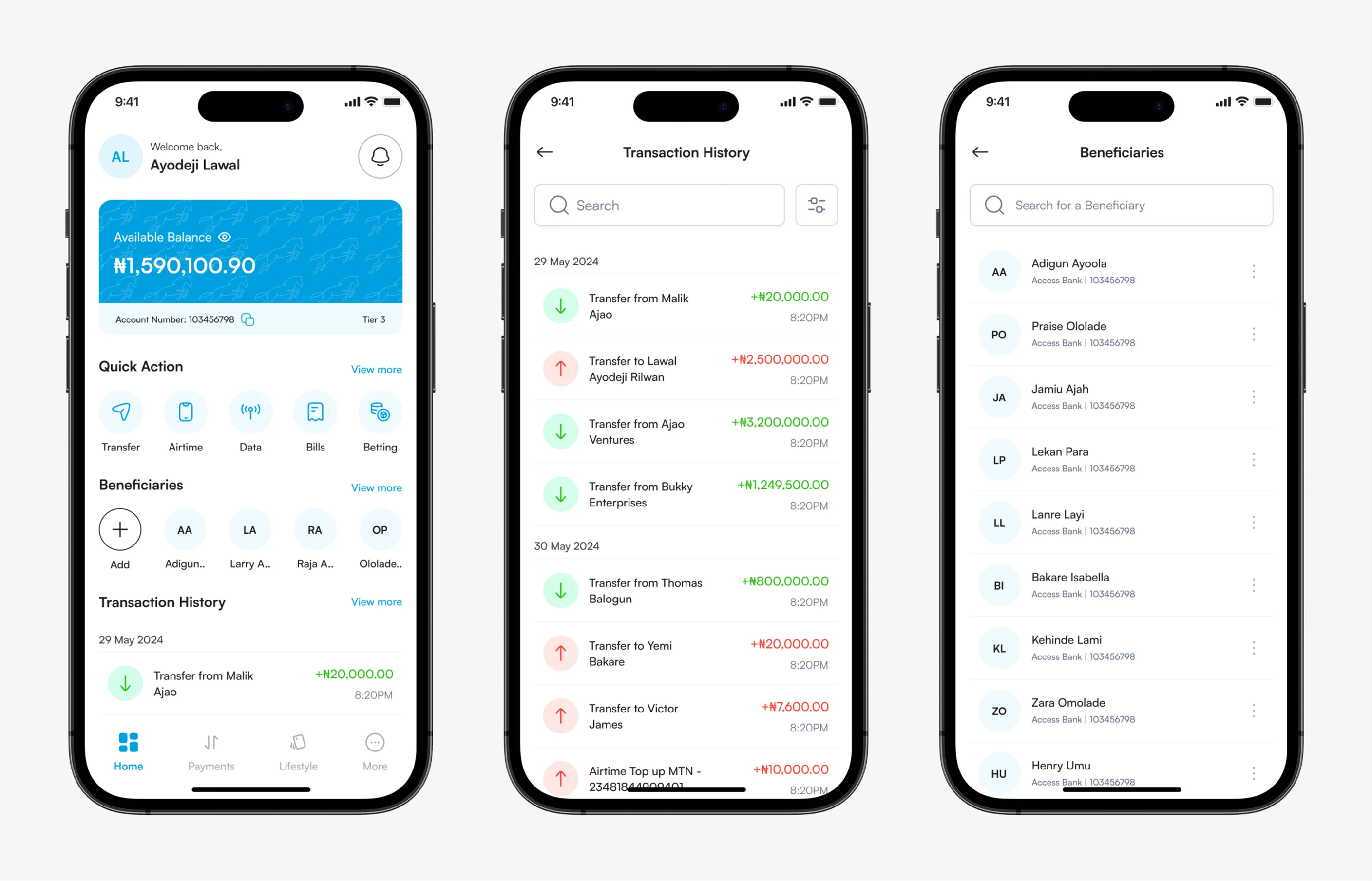 Home, Transaction History and Beneficiaries screens