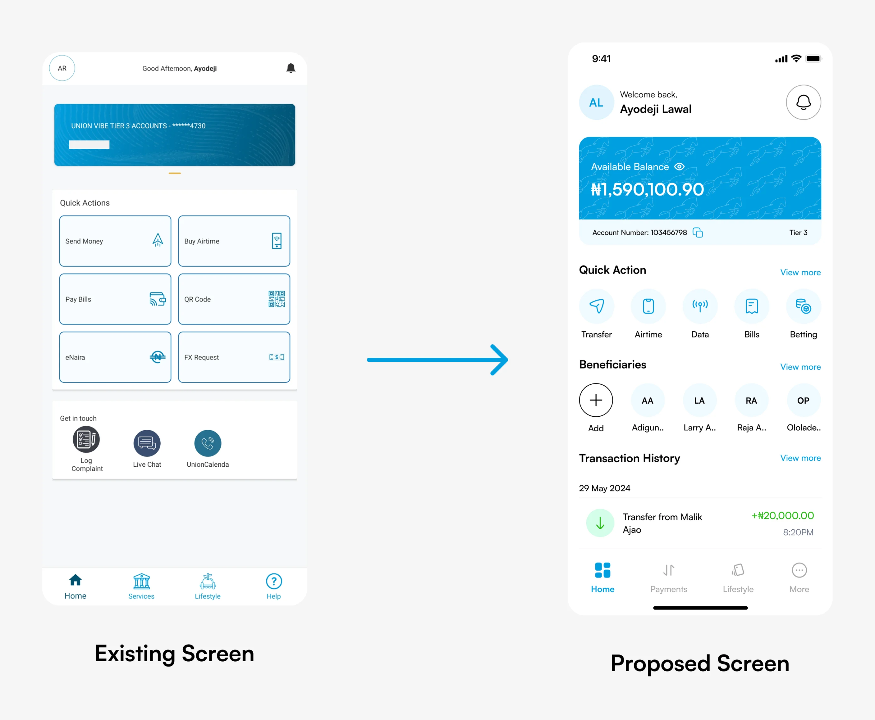 Existing and proposed Homepage screens side by side