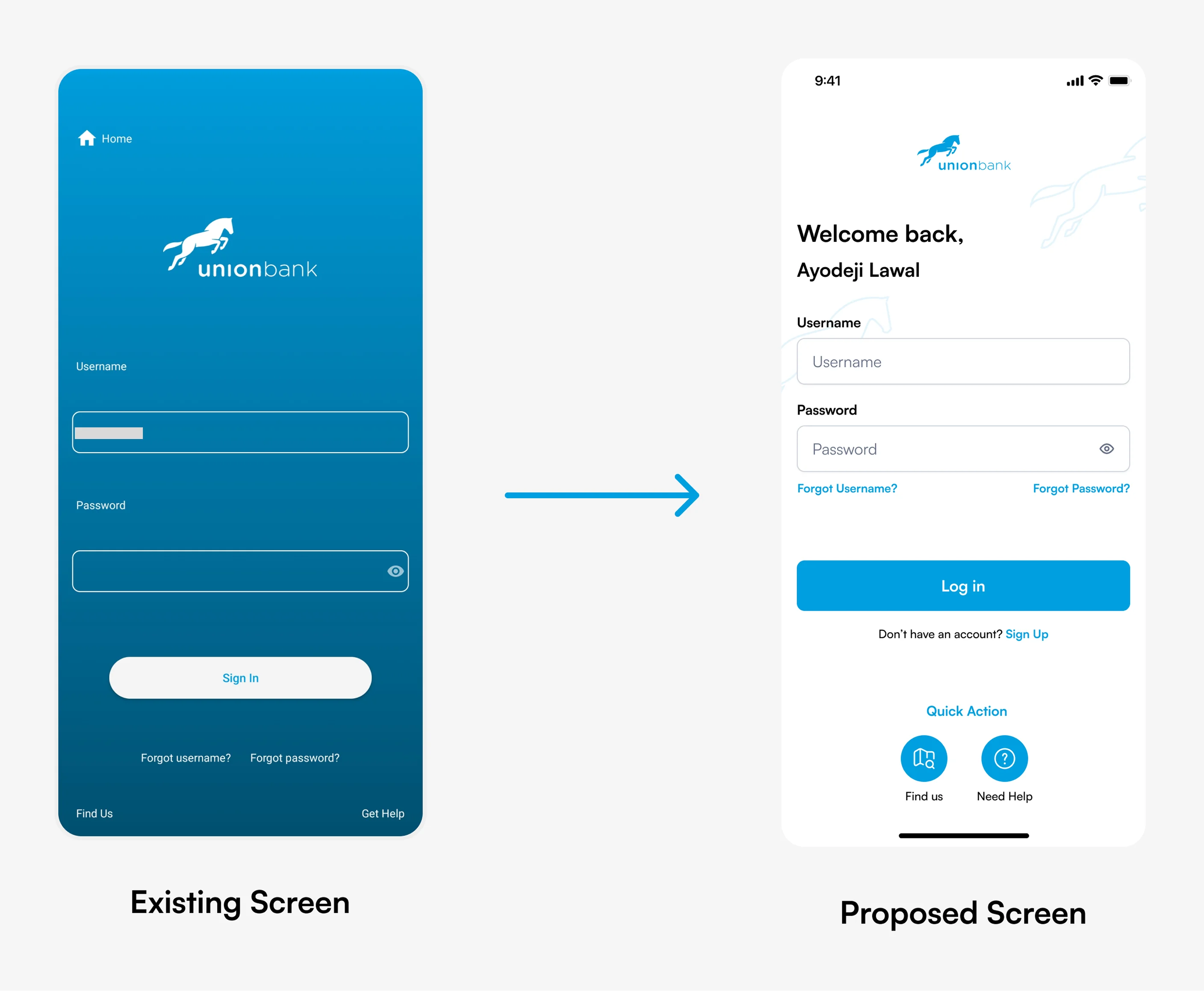 Existing and proposed Log In screens side by side