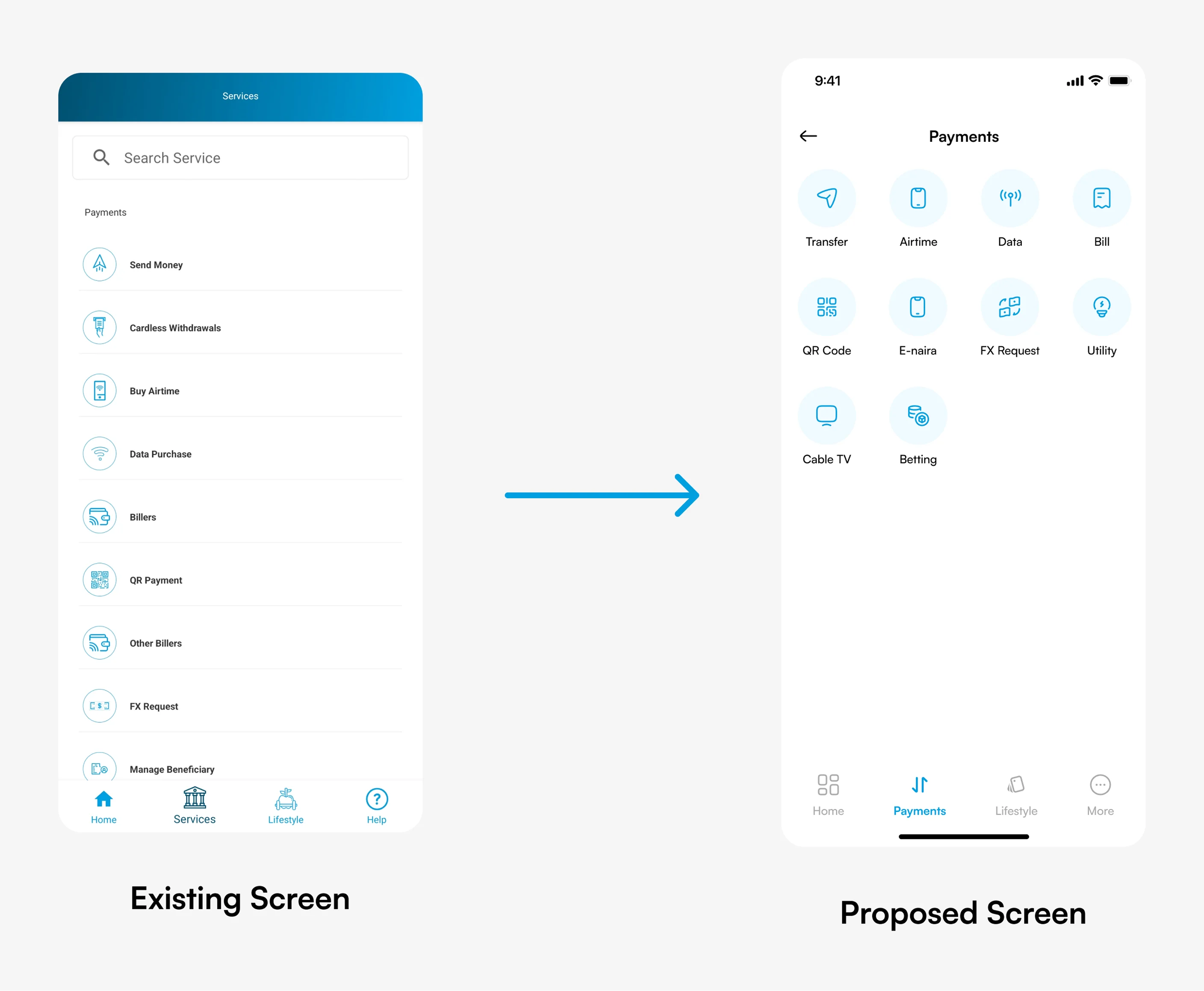 Existing and proposed Payment screens side by side