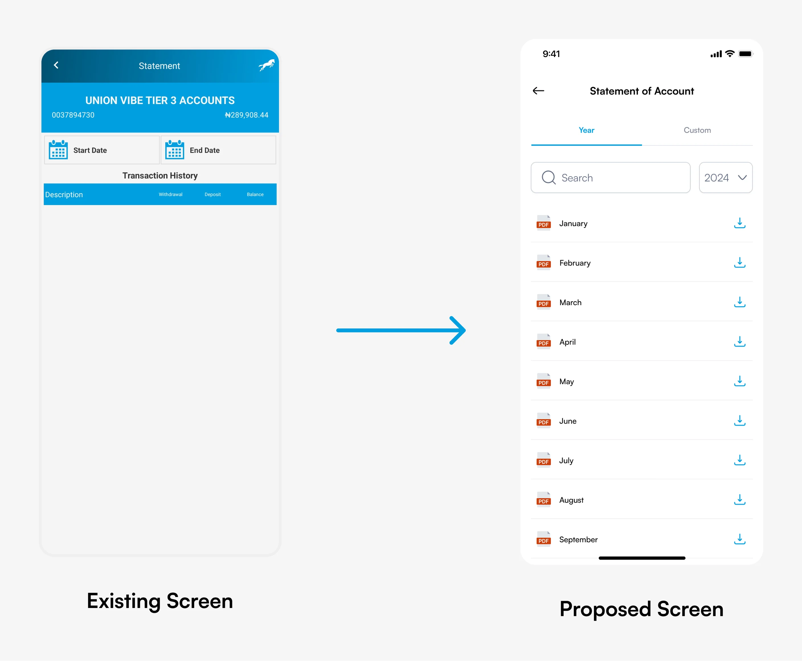 Existing and proposed Statement of Account screens side by side
