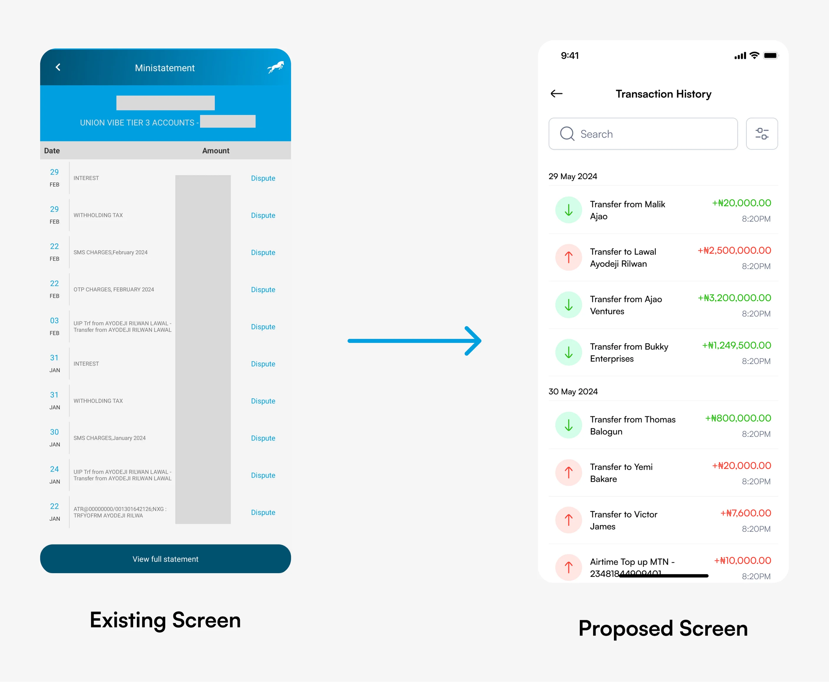 Existing and proposed Transaction History screens side by side