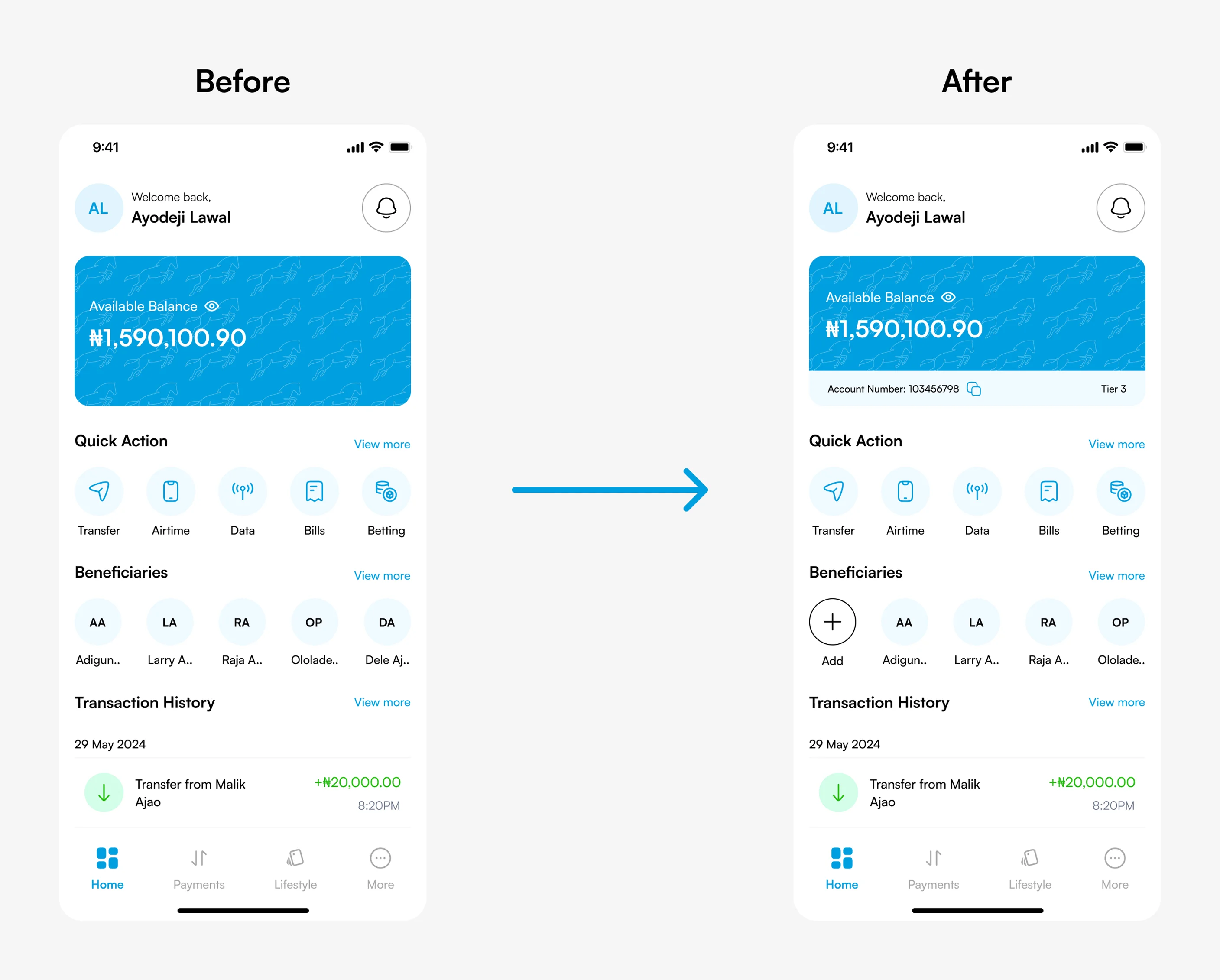Before and after: home screen with account details and add beneficiary