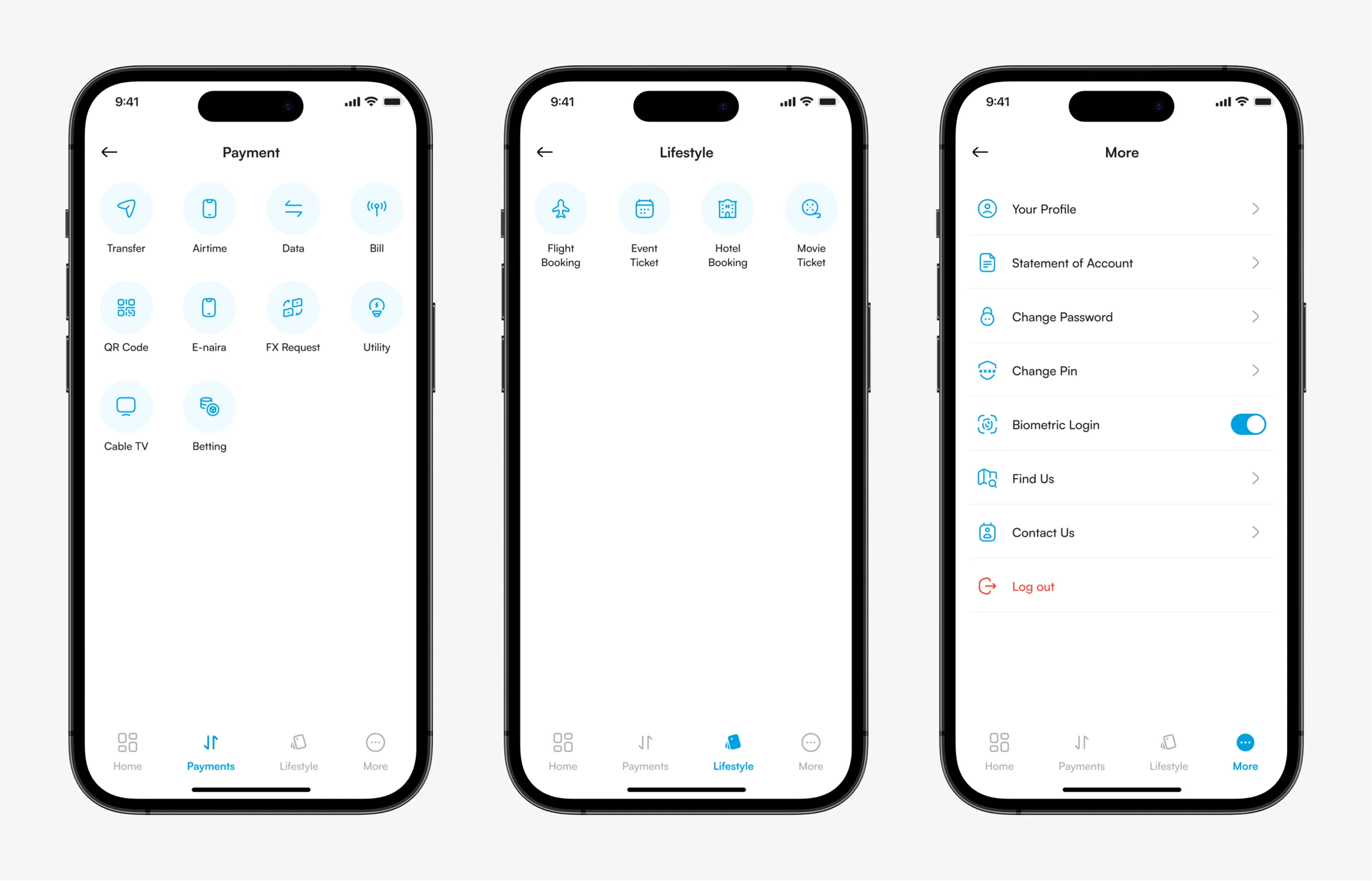 Payment, Lifestyle and More screens