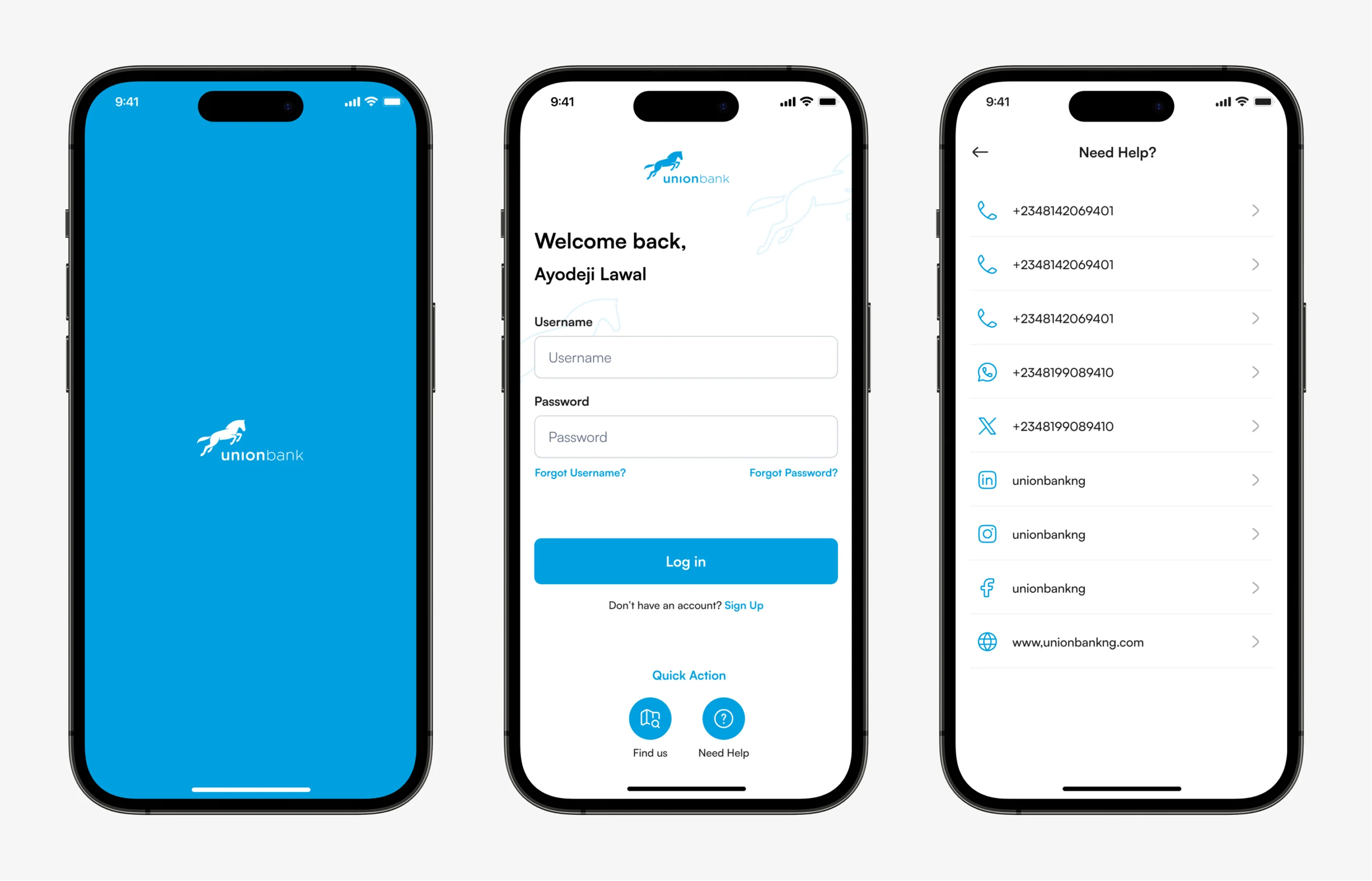 Splash, Login and Need Help screens