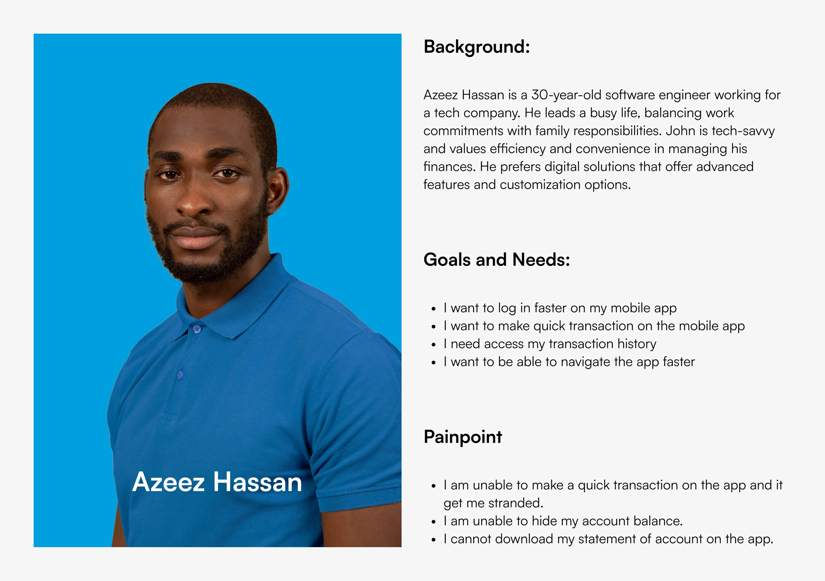 User persona card for Azeez Hassan